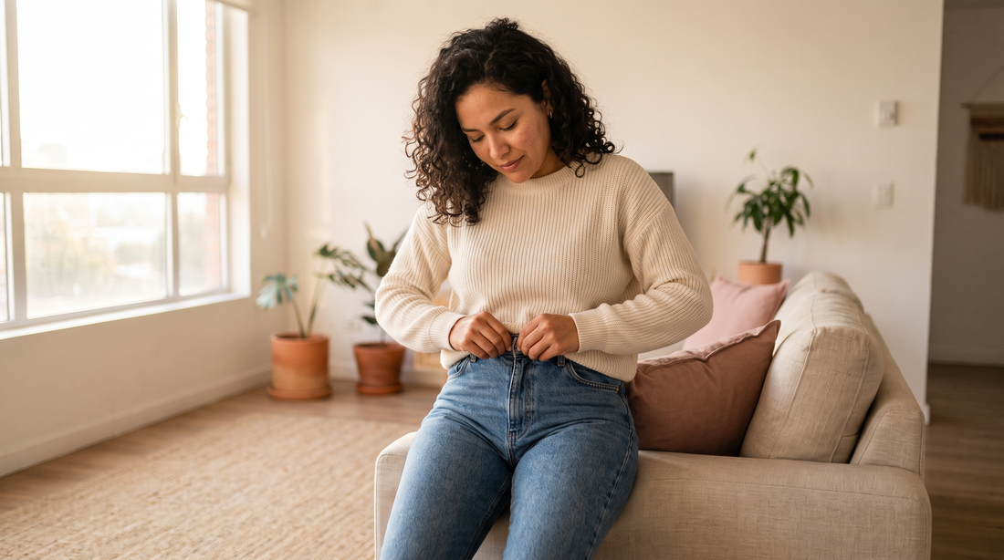Mujer sentada en el sofa al final del dia desabrochandose el boton del pantalon