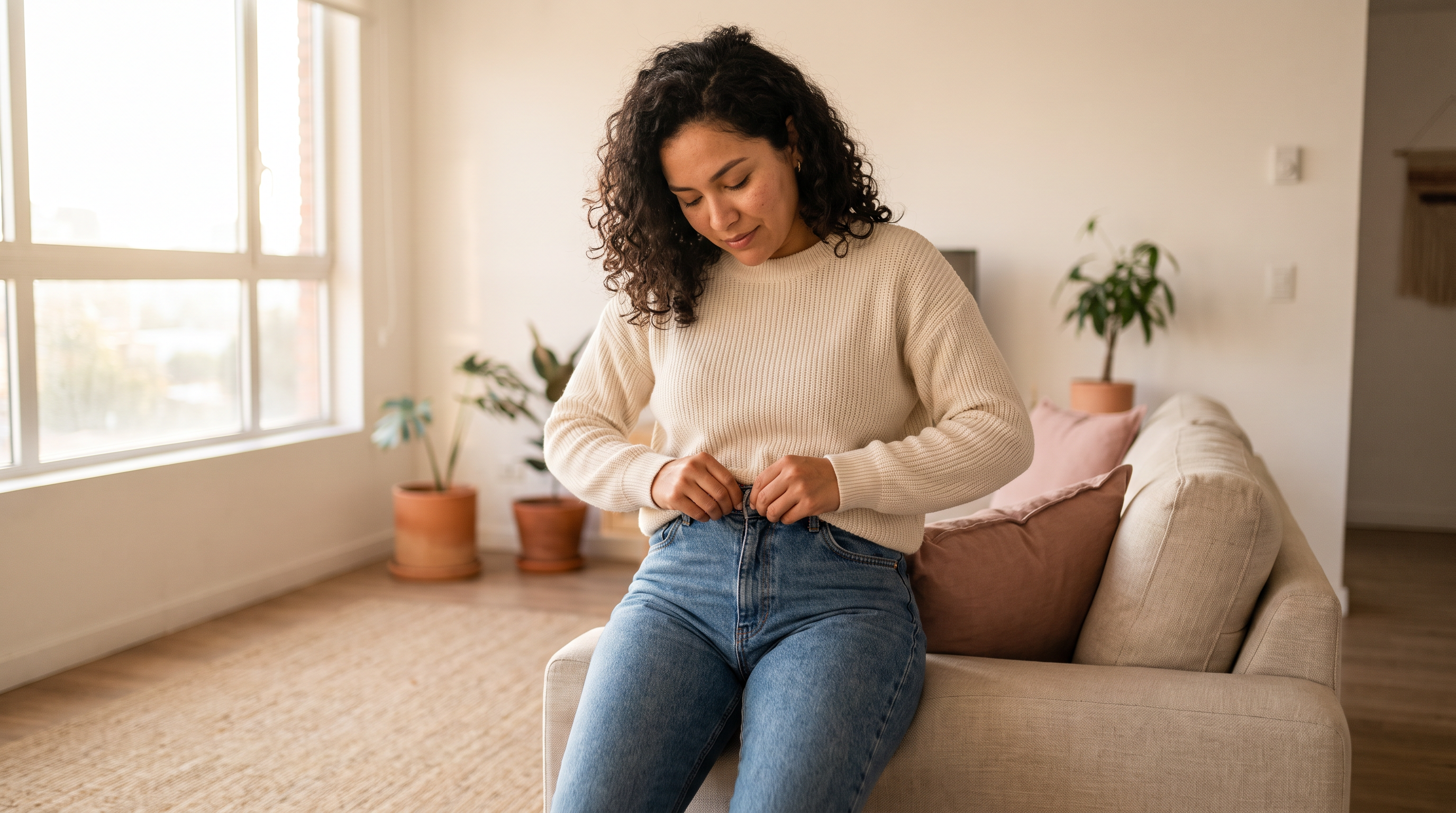 Mujer sentada en el sofa al final del dia desabrochandose el boton del pantalon