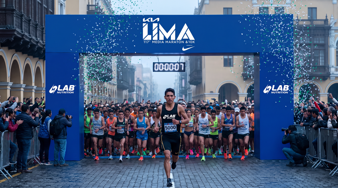 Corredor con kit de Lab Nutrition en la partida de la Media Maratón de Lima bajo el arco de salida en la Plaza de Armas