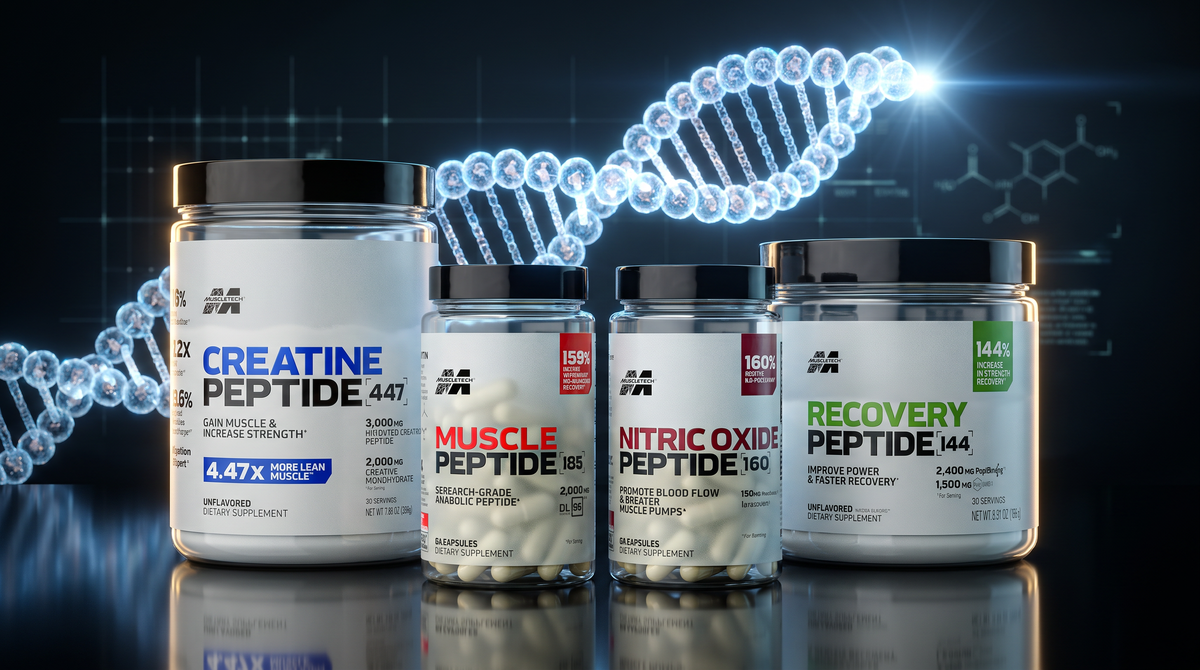 Línea MuscleTech Peptides en laboratorio con cadena de péptidos luminosa de fondo
