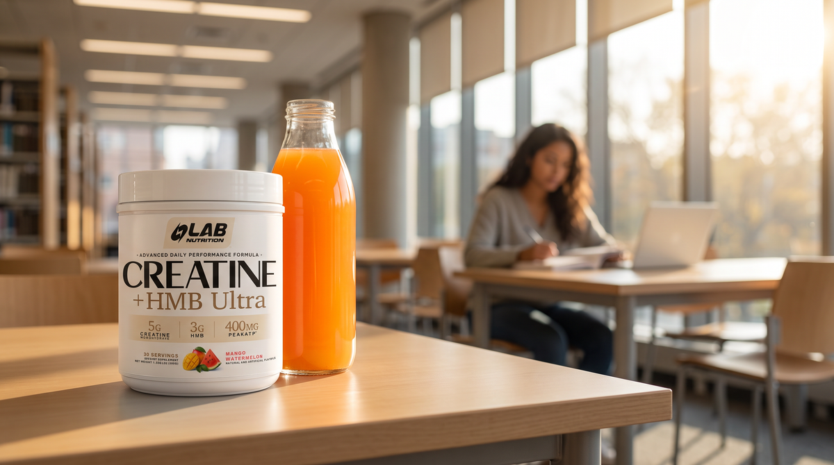 Envase de Creatine + HMB Ultra y una botella de bebida sobre la mesa de una biblioteca con una estudiante estudiando al fondo