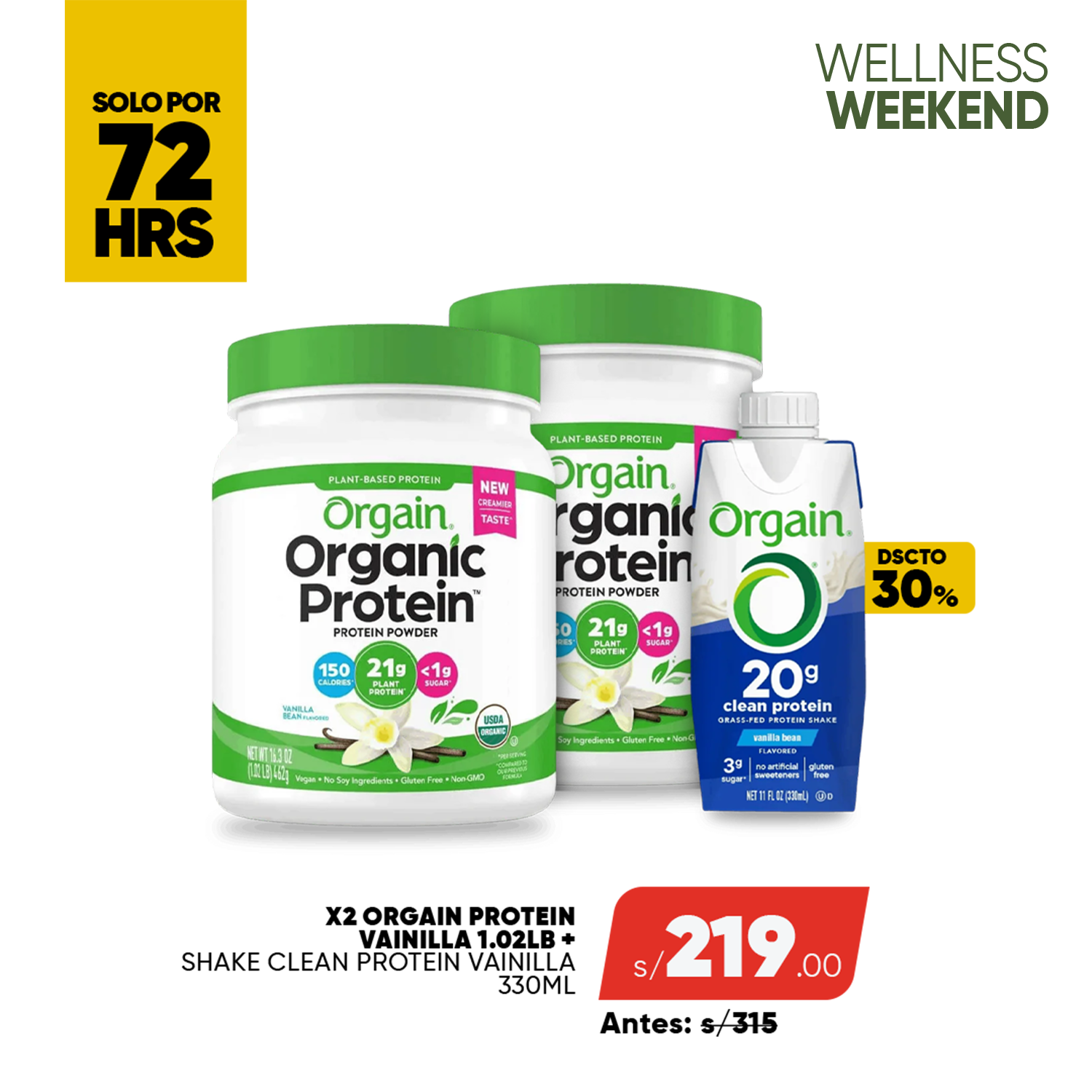 PACK 2 ORGAIN PROTEIN 1.02LB + SHAKE CLEAR