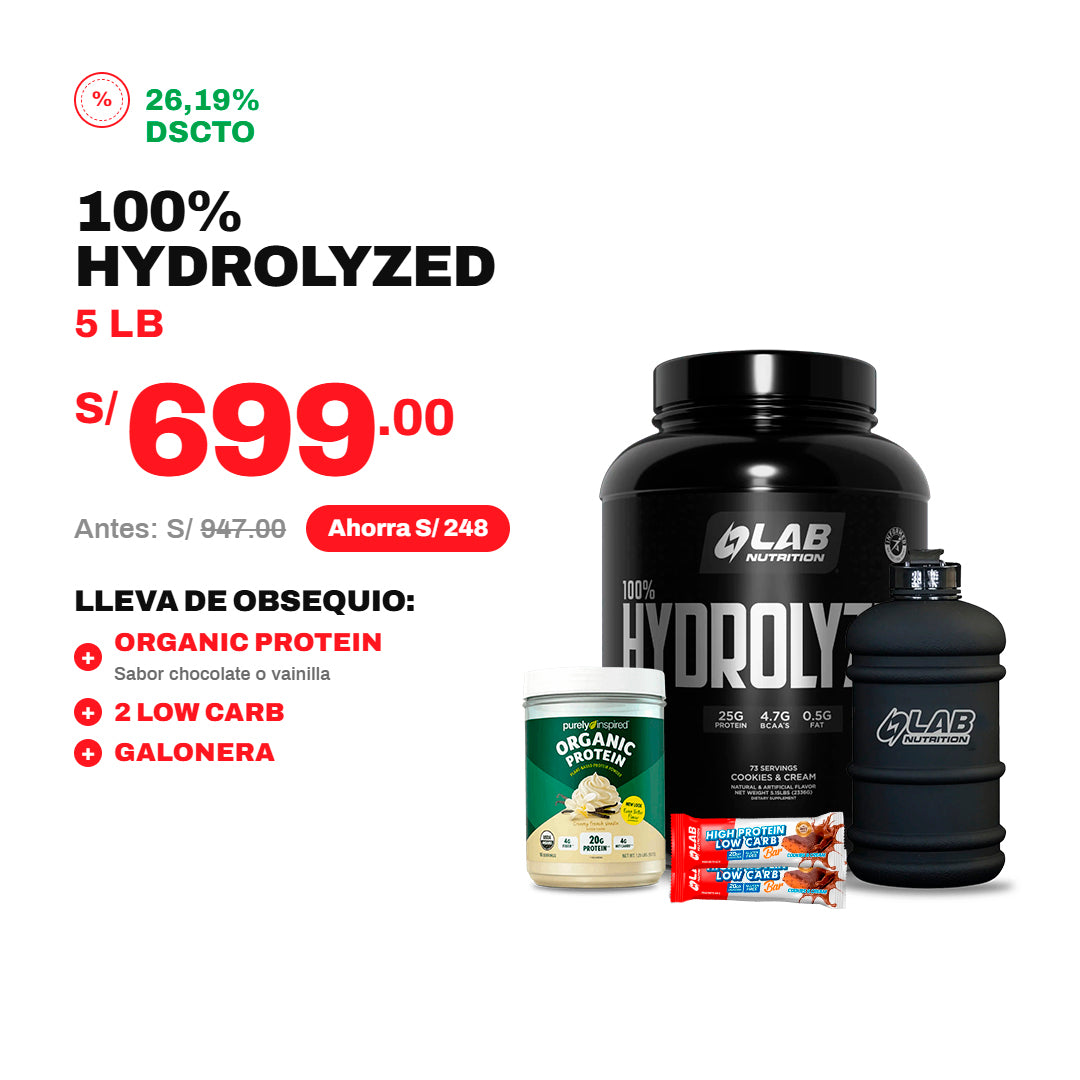 PACK HYDROLYZED 5LB + ORGANIC PROTEIN + 2 LOW CARB + GALONERA