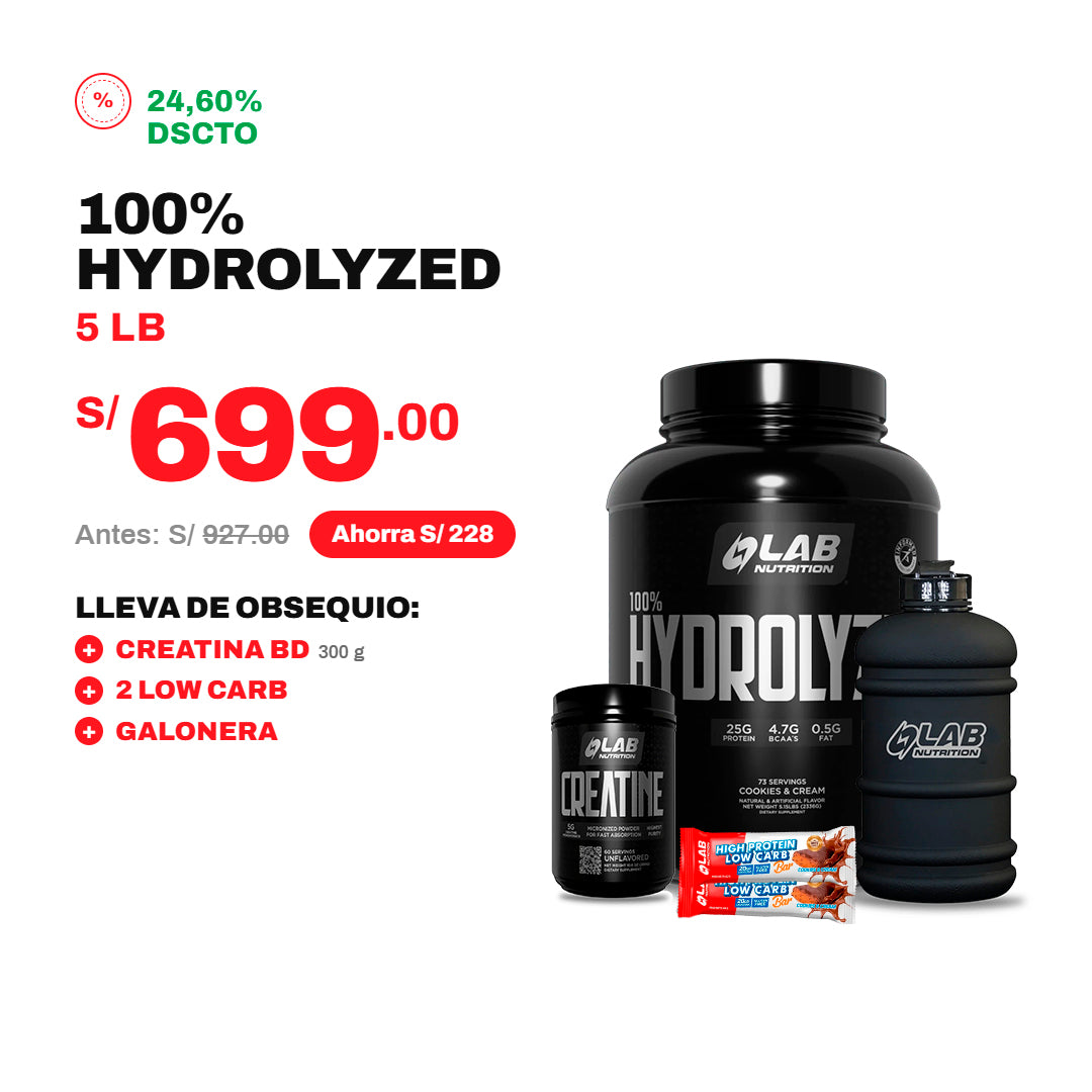 PACK HYDROLYZED 5LB + CREATINA 300GR + 2 LOW CARB + GALONERA