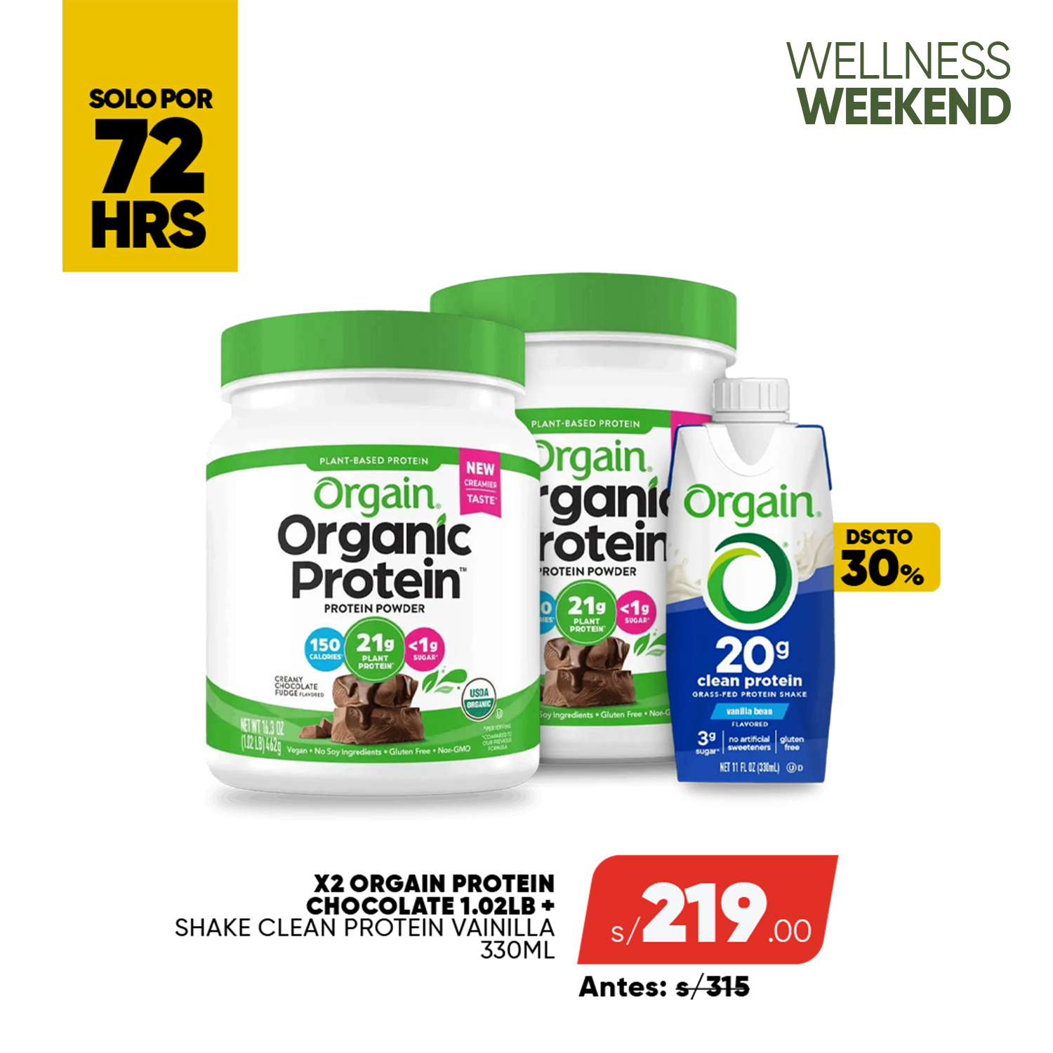 PACK 2 ORGAIN PROTEIN 1.02LB + SHAKE CLEAR