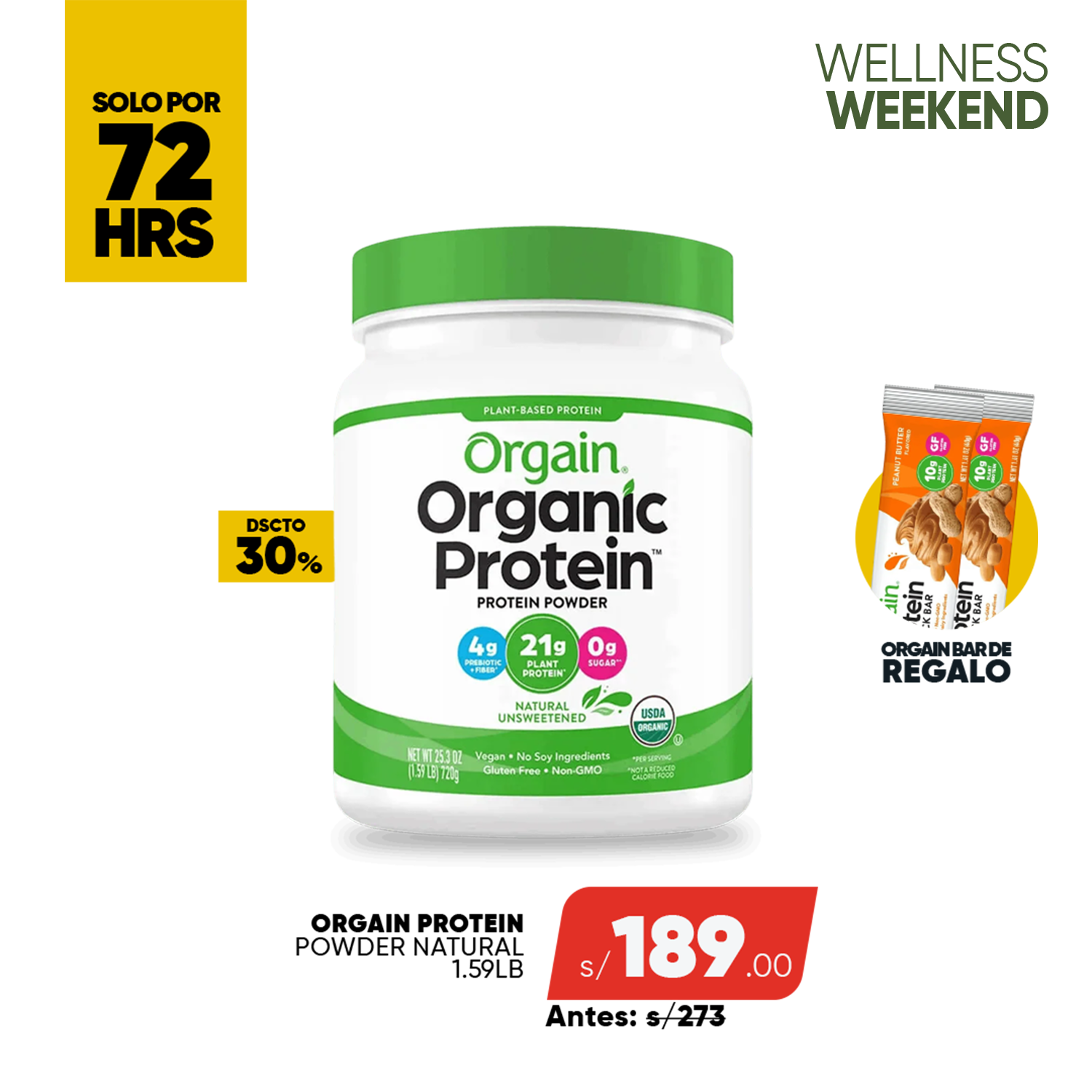 PACK ORGAIN PROTEIN NATURAL 1.59LB+ 2 BARRA ORGAIN