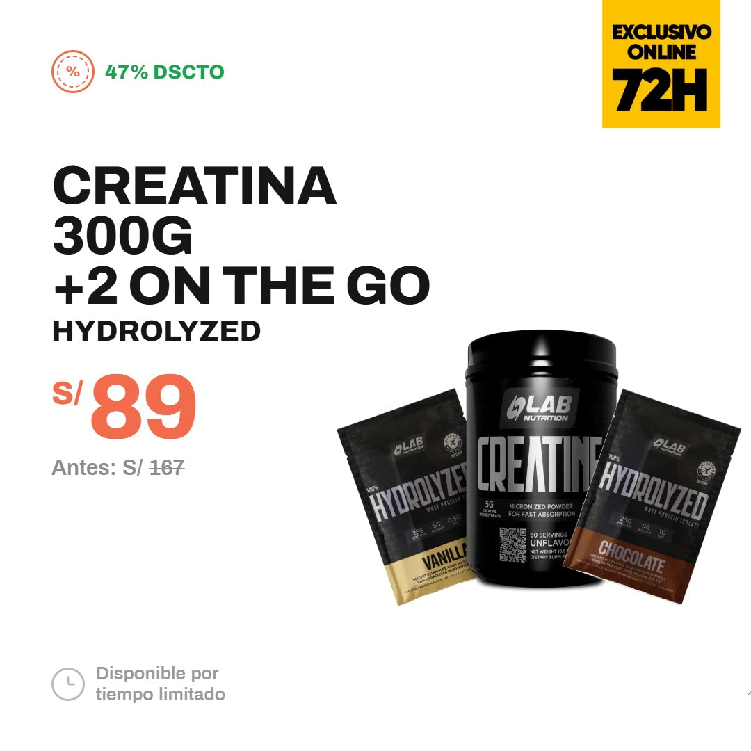 PACK CREATINA 300GR + 2 ON THE GO 100% HYDROLYZED