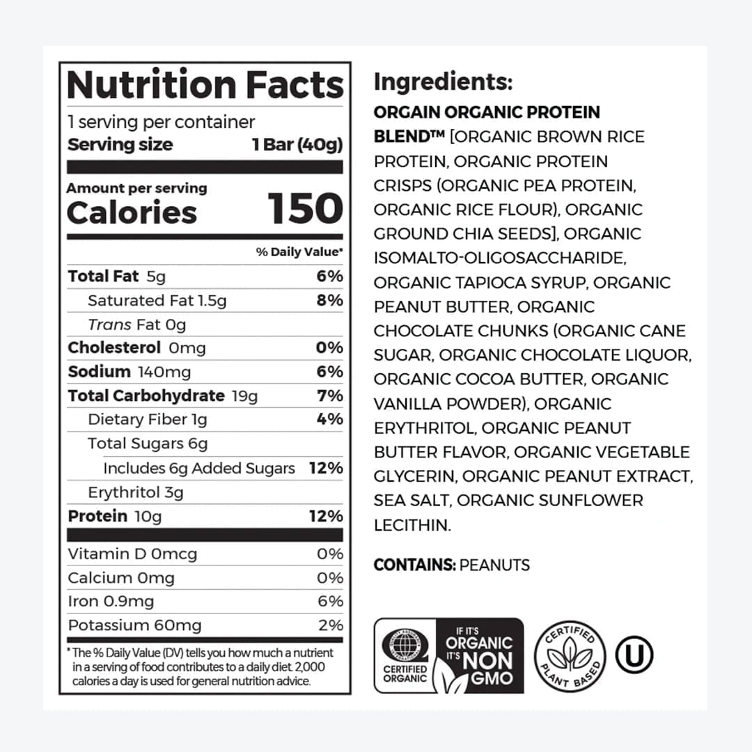 ORGAIN PROTEIN BAR PEANUT BUTTER CHOCOLATE CHUNK 40GR